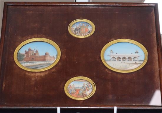 A set of four Indian oval miniatures on ivory, including The Red Fort, framed together